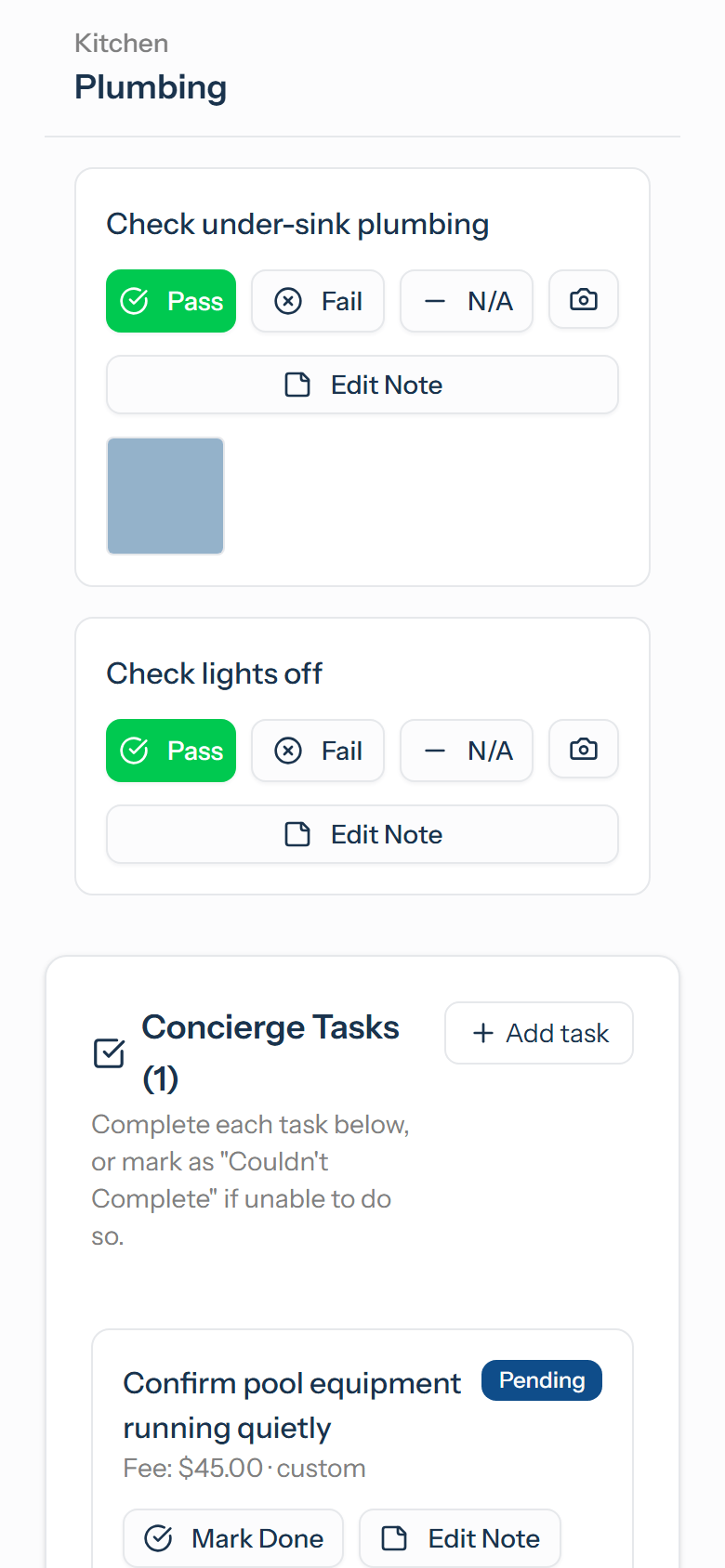 An inspection checklist on a phone with two items marked Pass, a photo attached, and a concierge task pending