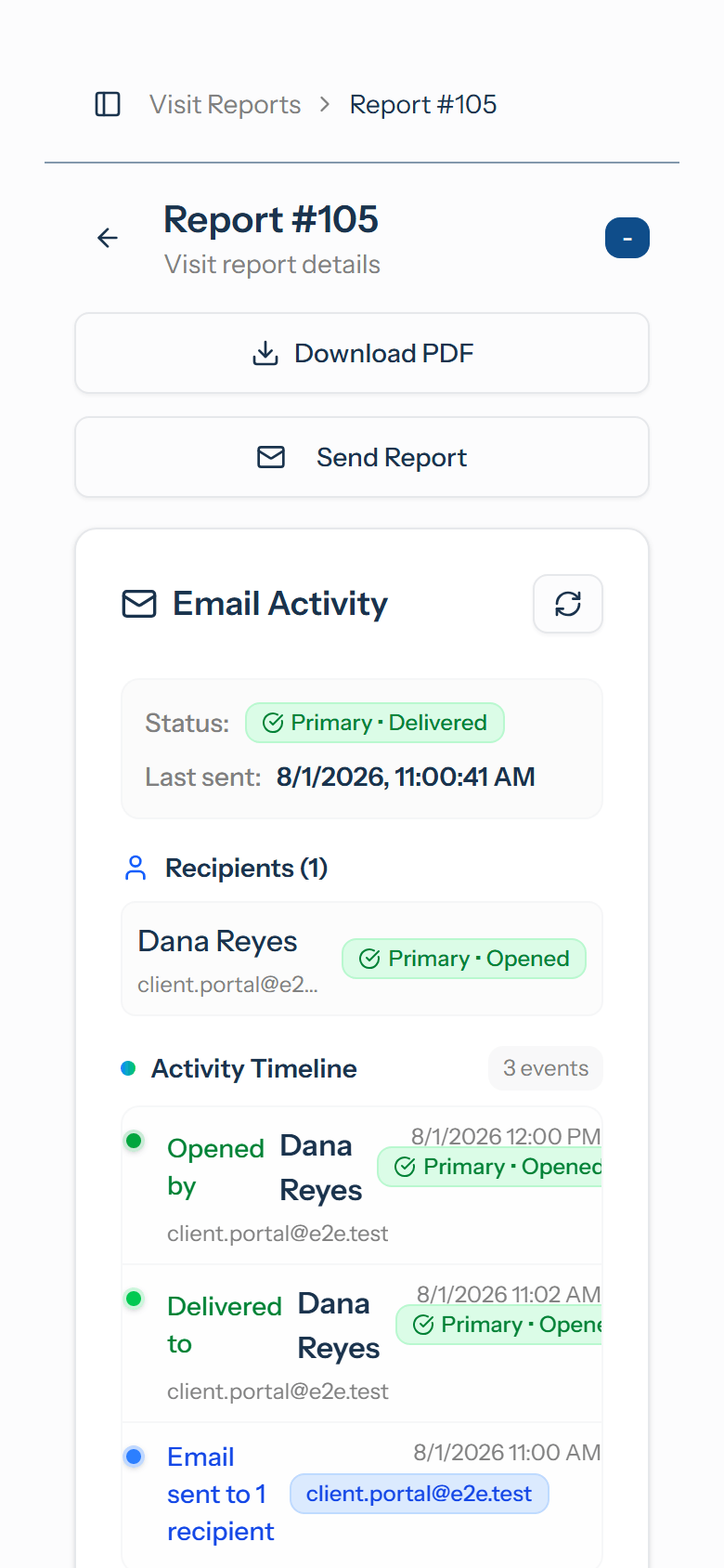 A completed visit report on a phone with buttons to download the PDF or send it to the client