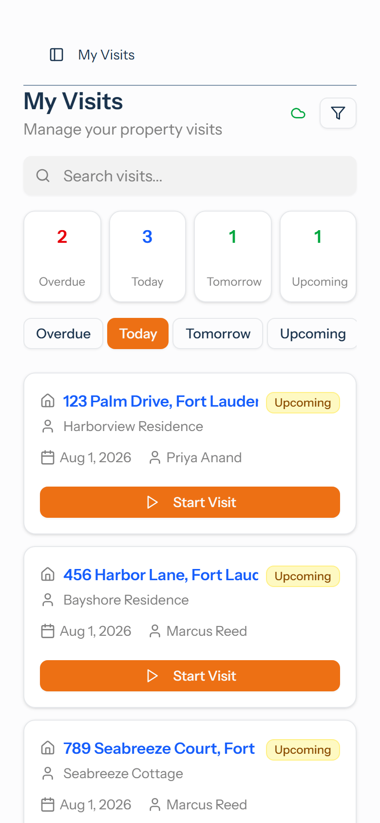 The HomeWatcher app on a phone, showing the day's visits with a Start Visit button