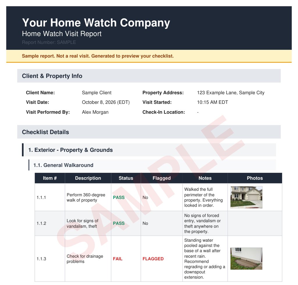 The first page of a sample home watch report, marked SAMPLE, with notes, a flagged drainage issue and photos