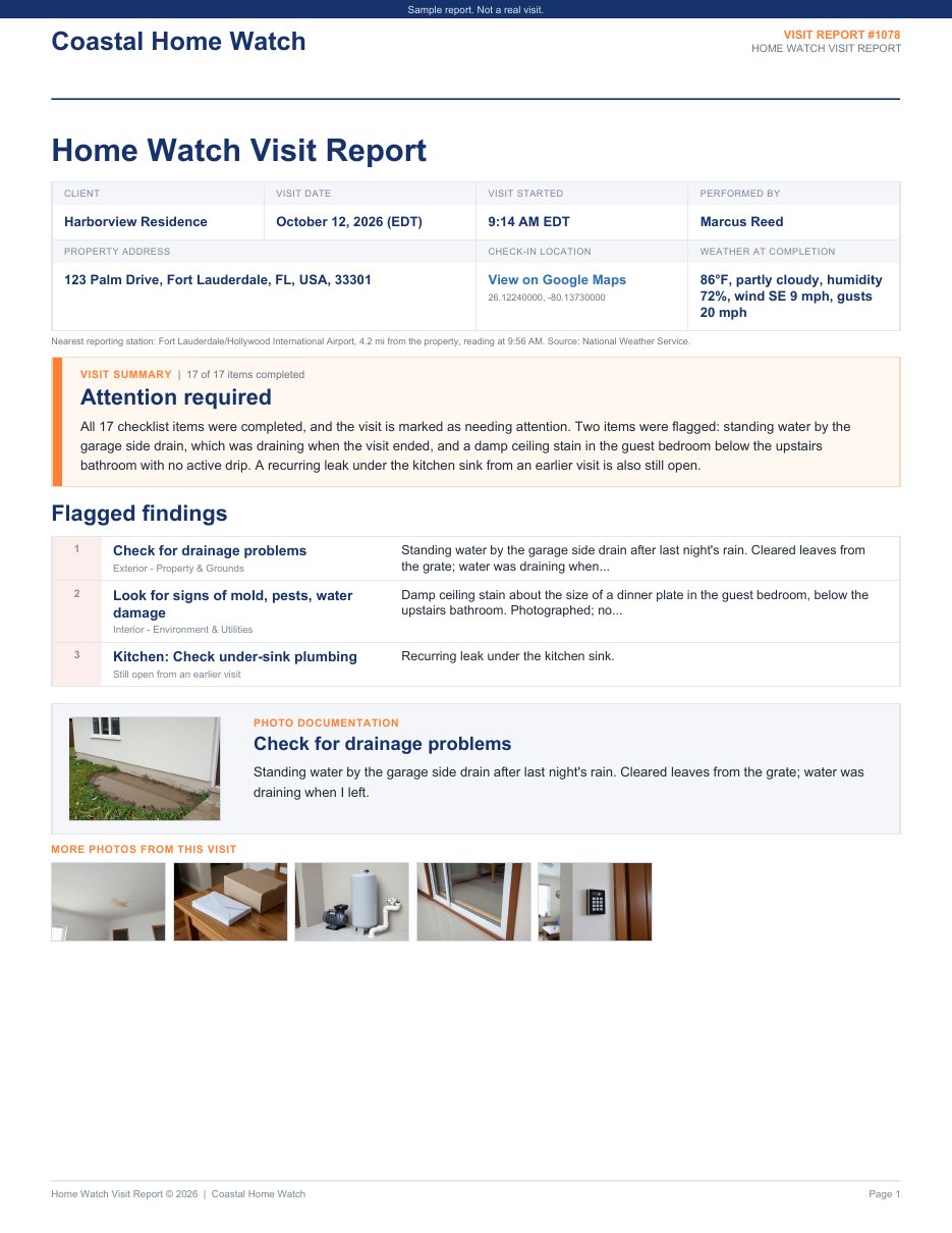 Page one of a Summary + Details home watch report with an AI-drafted visit summary, flagged findings and a photo