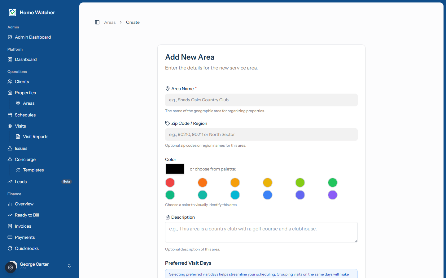 Add New Area form with the color palette, preferred visit days, and schedule template options