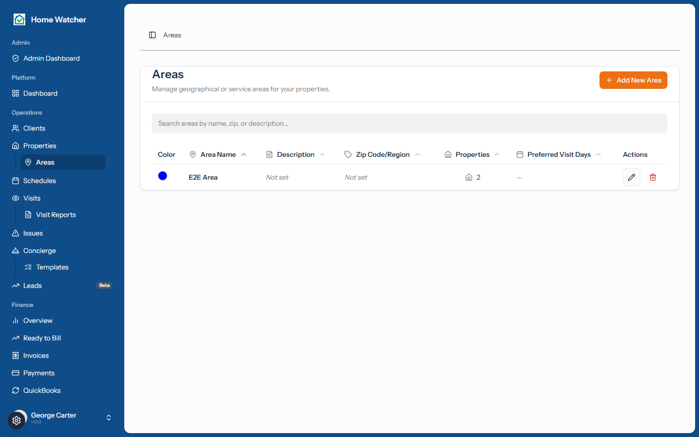 Areas list showing color swatches and property counts for each service area