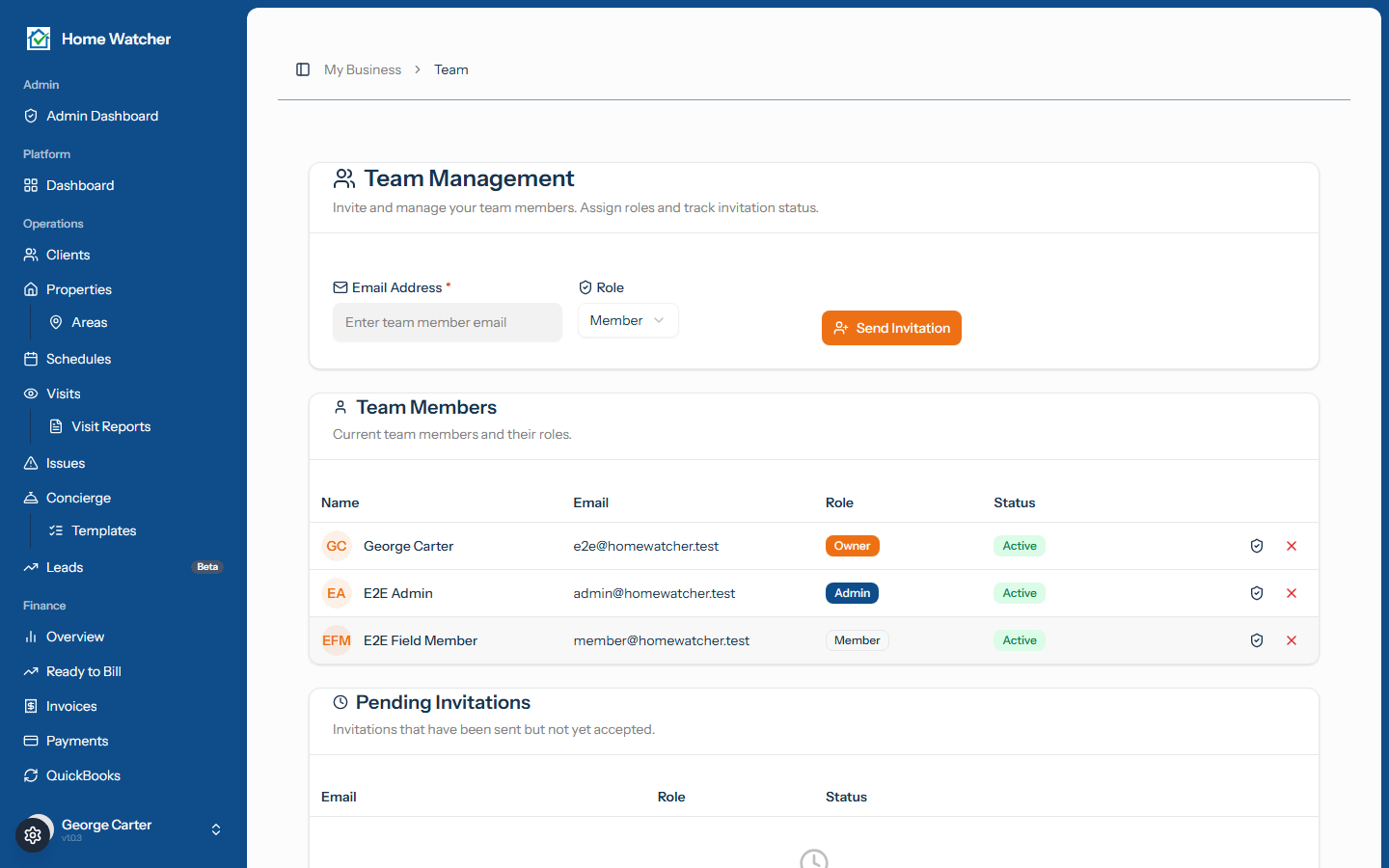 Team management page with the invite form, members list with role badges, and pending invitations