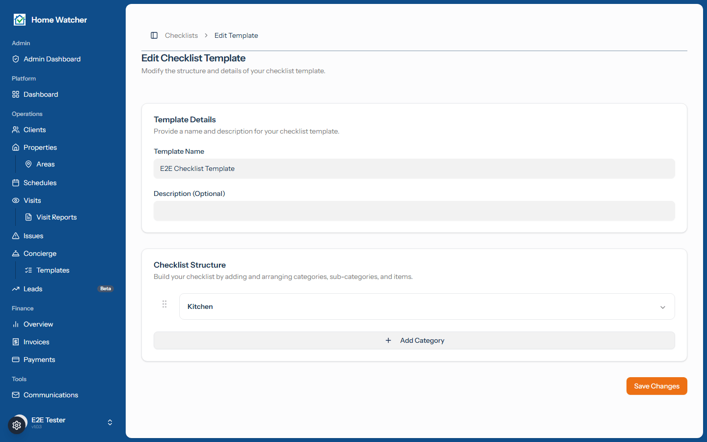 Checklist template editor with categories, sub-categories, and item response types