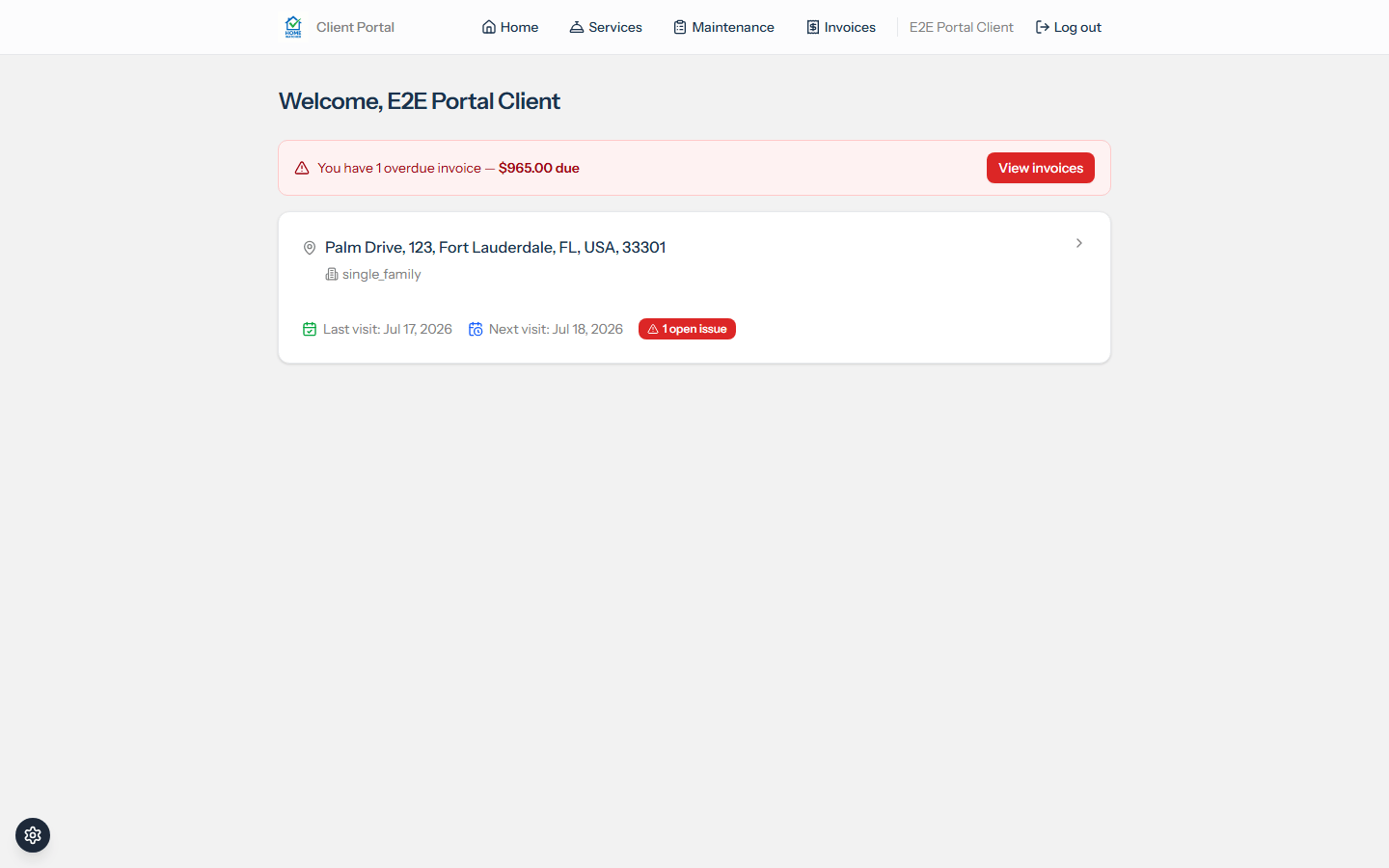 Client portal dashboard with property cards, visit dates, and an outstanding balance banner