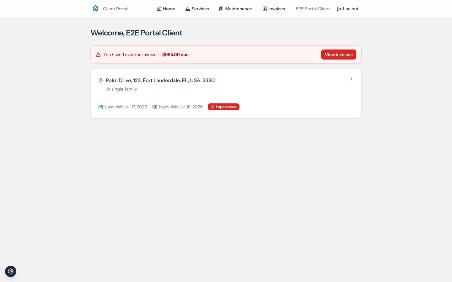 Client portal where homeowners view reports and pay invoices