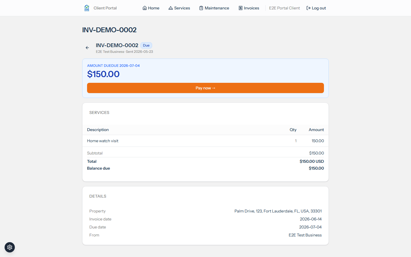 Client portal invoice detail with line items and a Pay now button