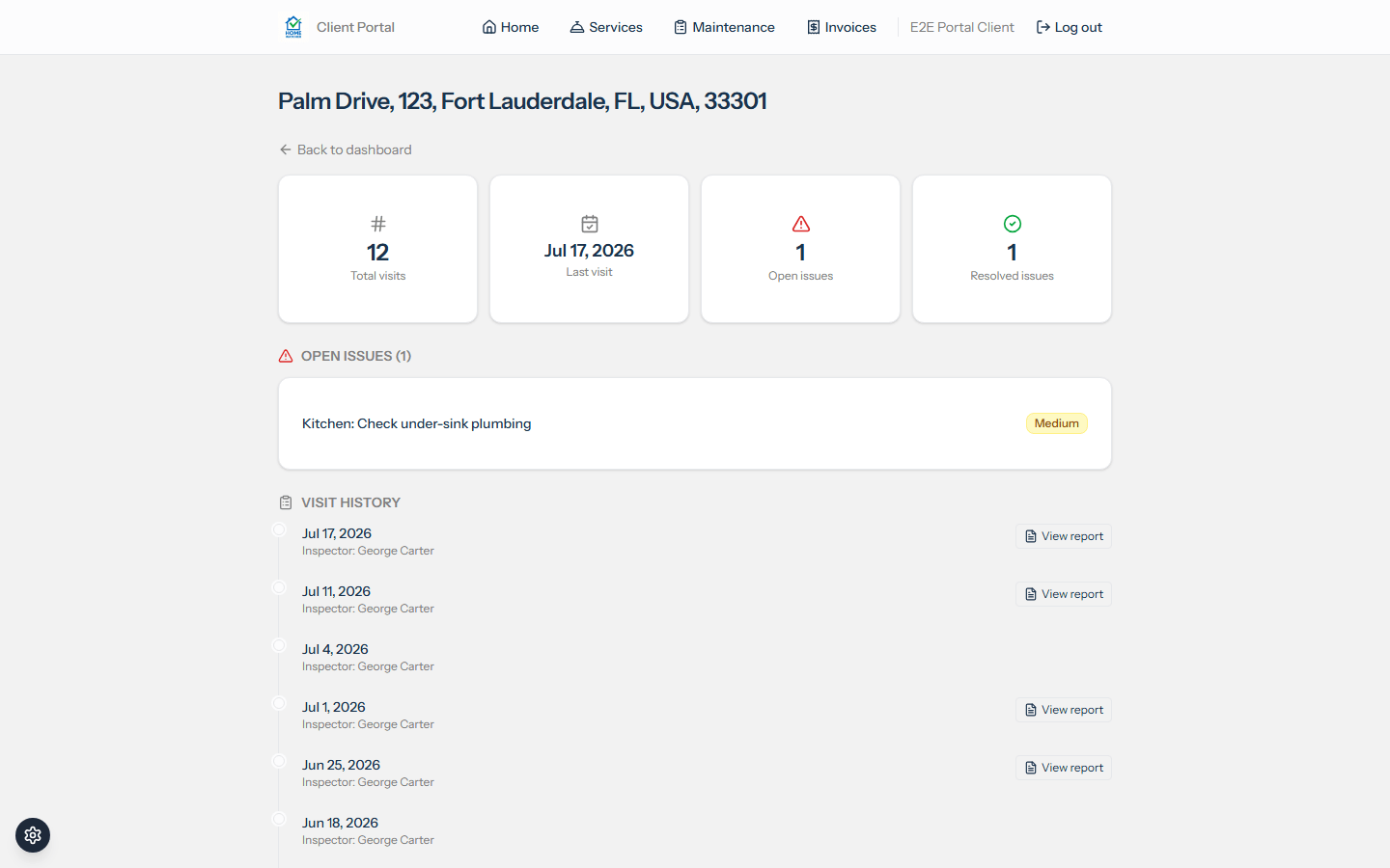 Client portal property detail showing completed visits, open issues, and summary stats