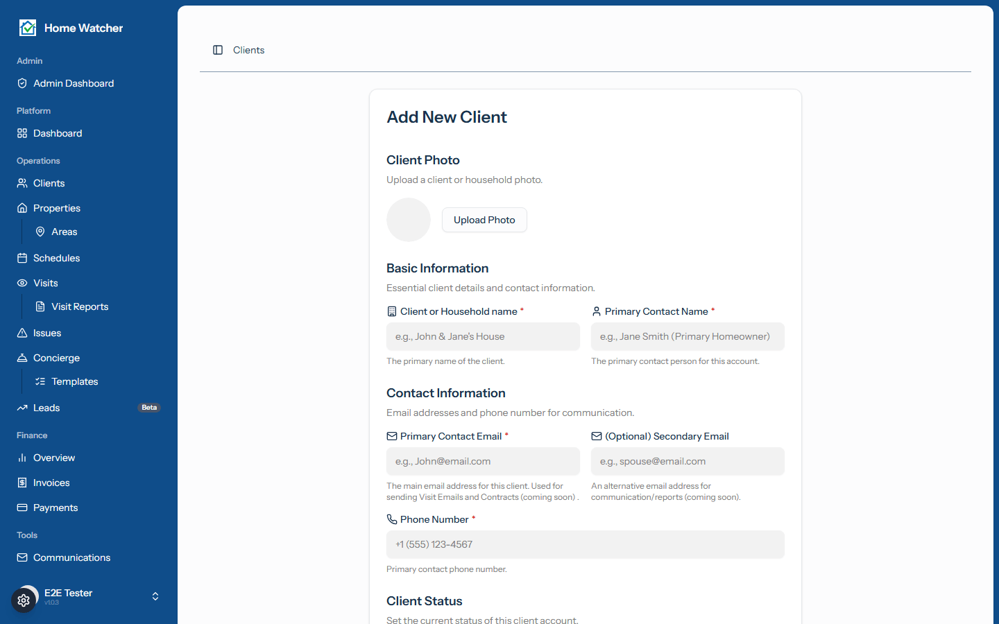 Add new client form with contact fields
