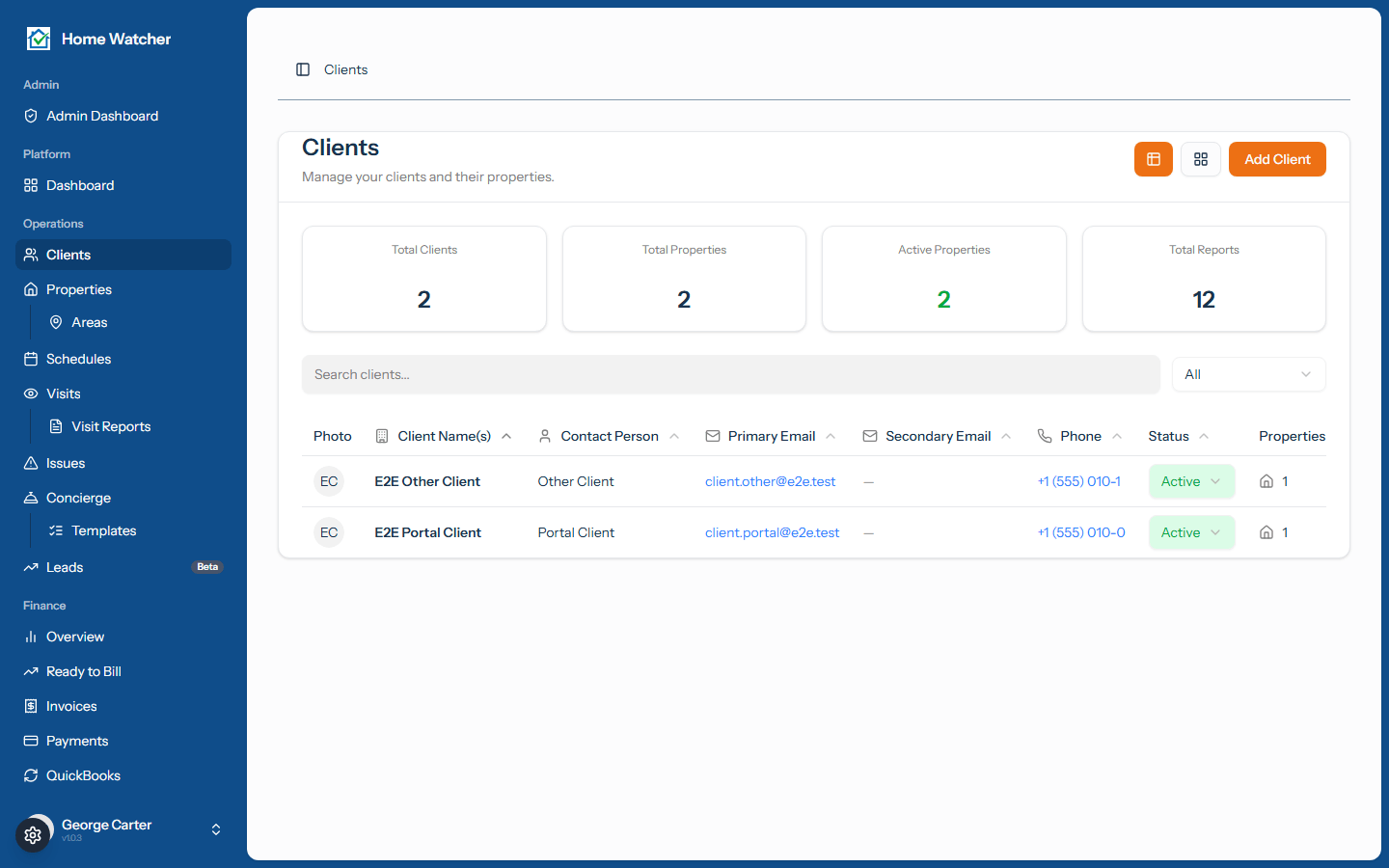 HomeWatcher clients list showing the roster with property counts and status controls