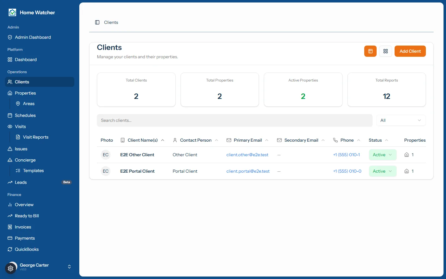 Client list in Home Watcher showing organized client and property records