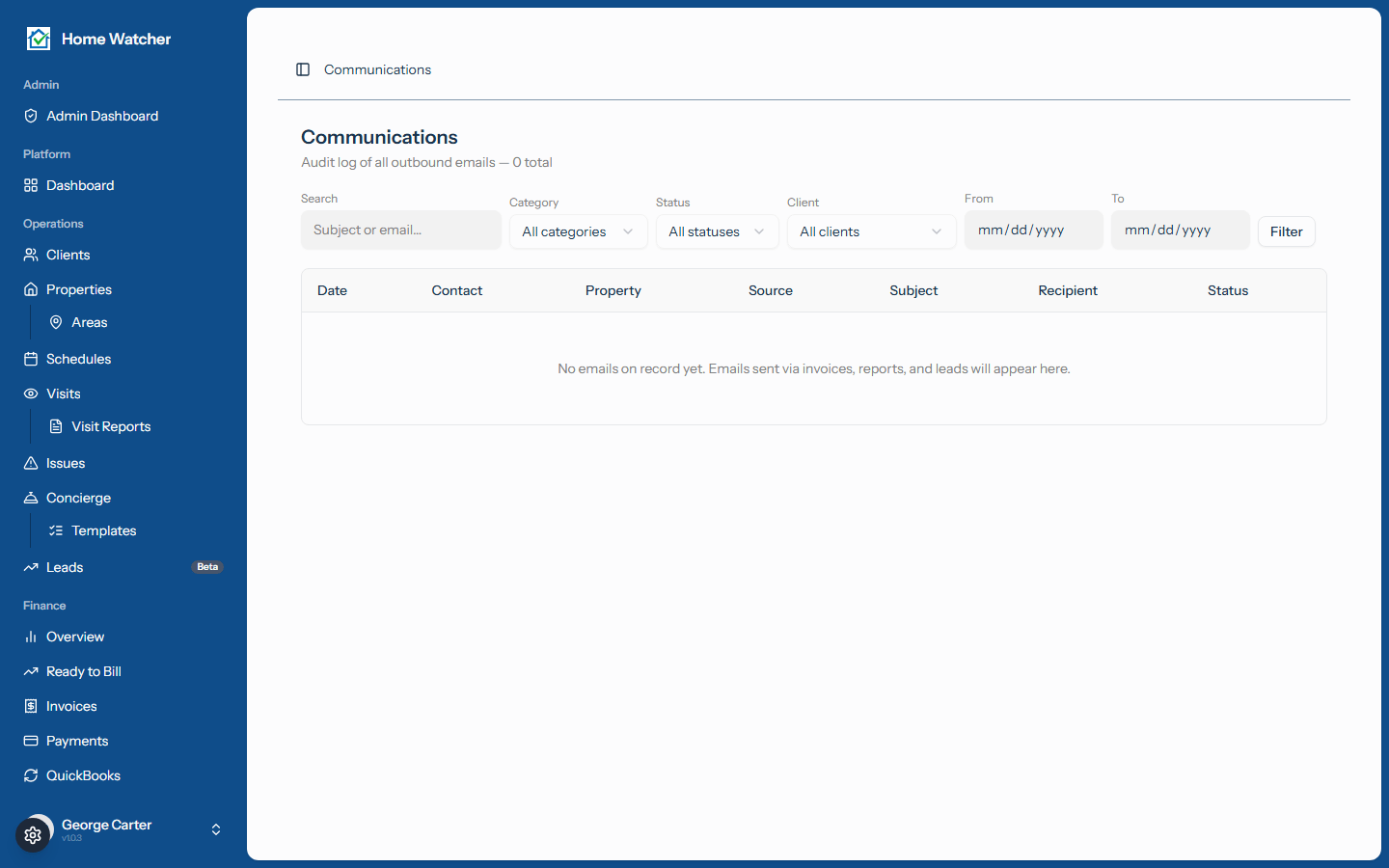 Communications hub showing the table of sent emails with category and status badges