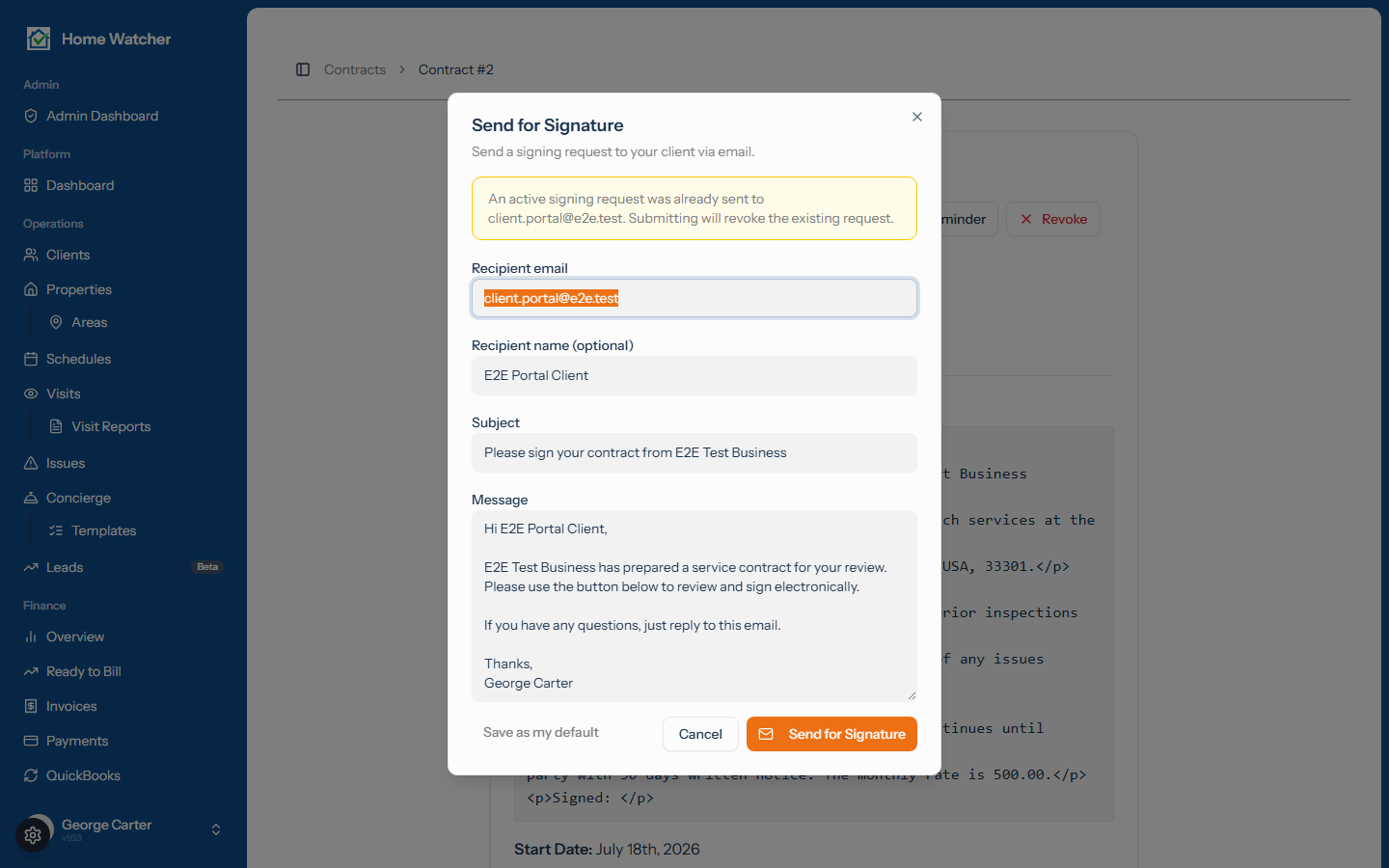 The send for signature window with an editable email