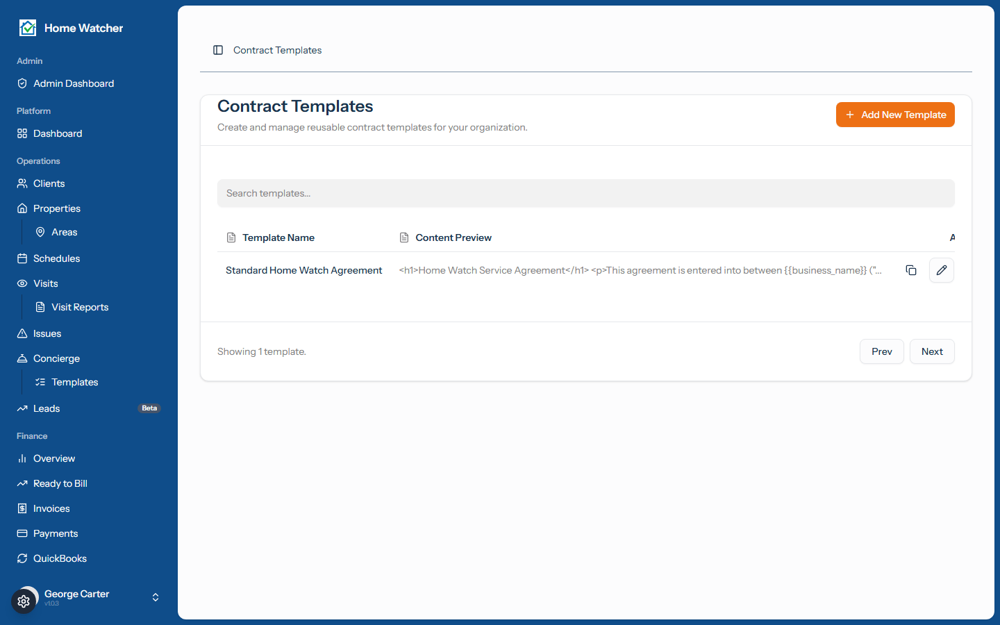 The contract templates list