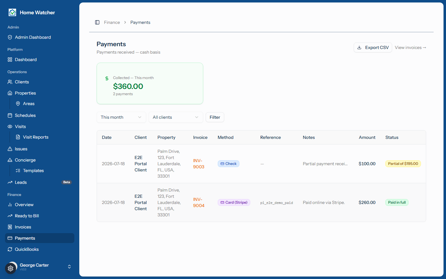 The payments ledger with method badges and amounts
