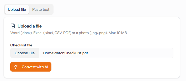The Import Checklist screen in HomeWatcher, with options to upload a file or paste text