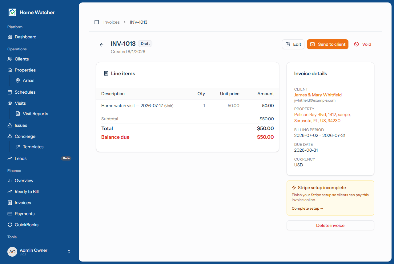 Draft invoice detail page showing line items, subtotal, and balance due for a recurring-billed period
