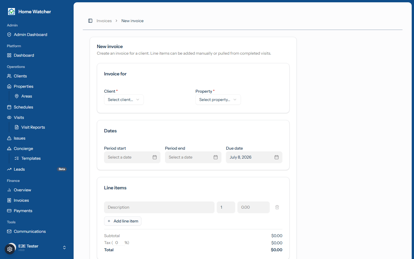 New invoice form with Pull in visits button and line item preview