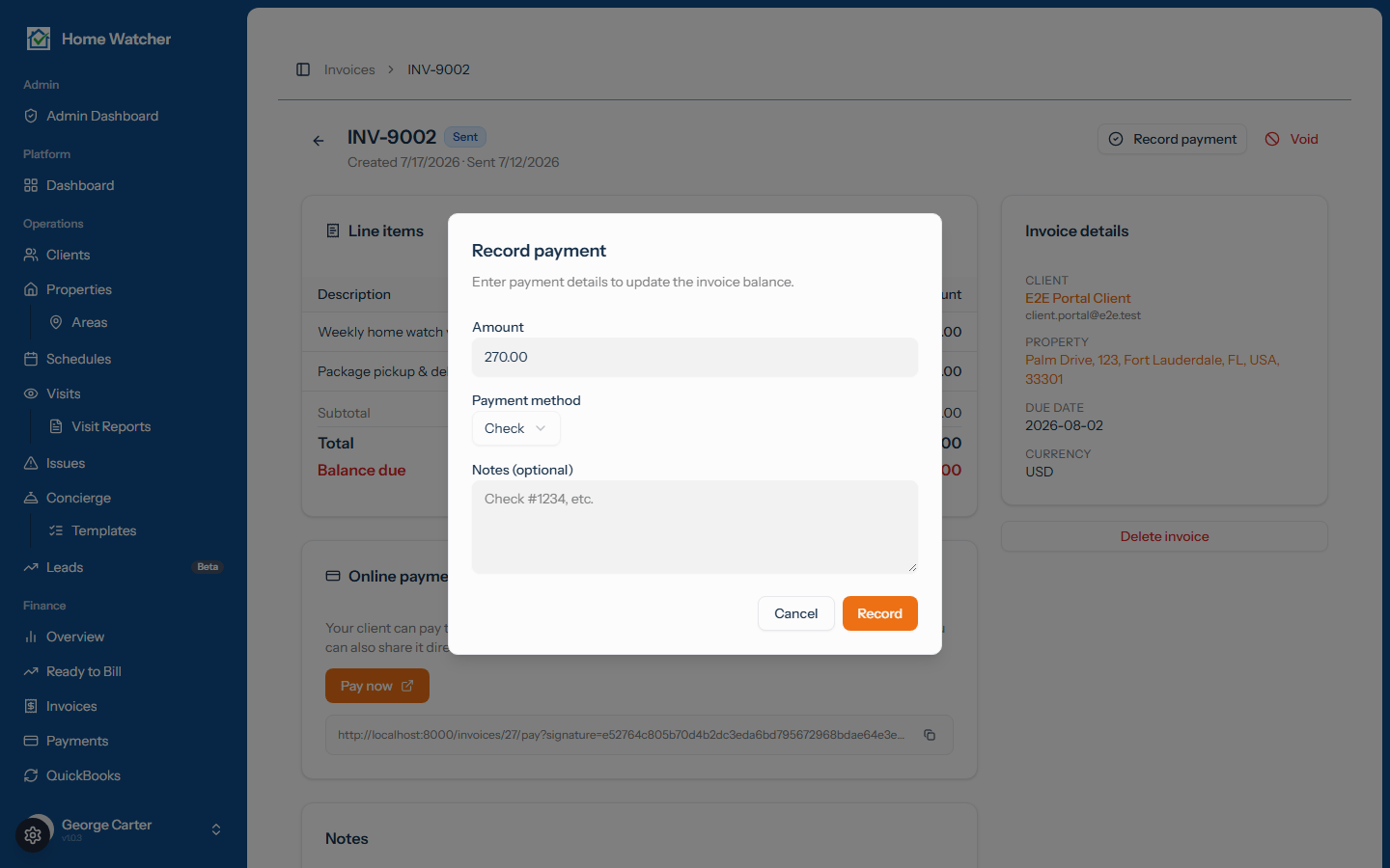 The record-payment dialog with amount and method
