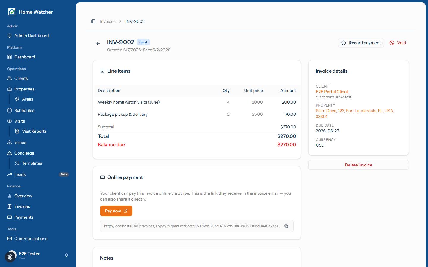 Invoice detail showing line items, totals, and the Pay Now online payment section