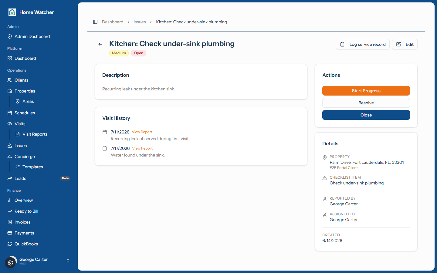 Issue detail page showing description, visit history, and status actions