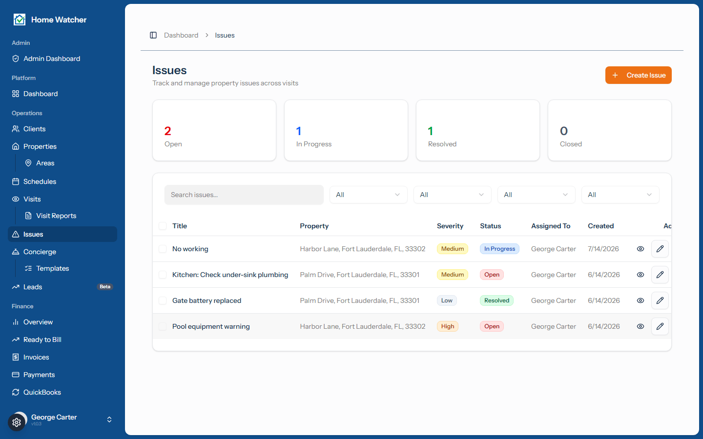 Issues list with status stat cards, filters, and severity badges