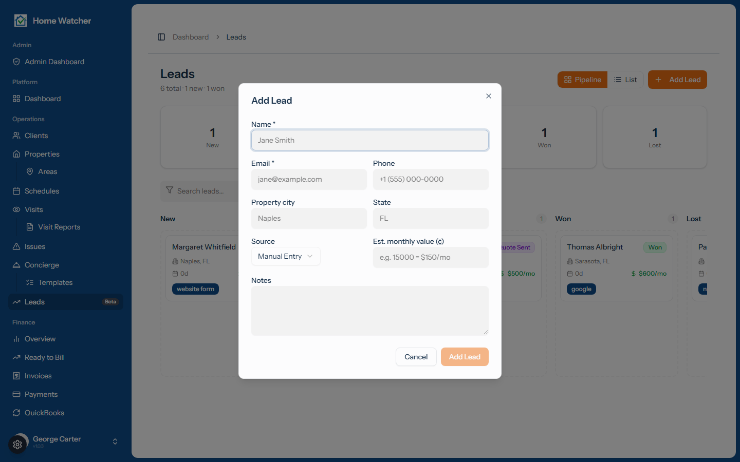 Add Lead dialog with name, email, source, and estimated value fields