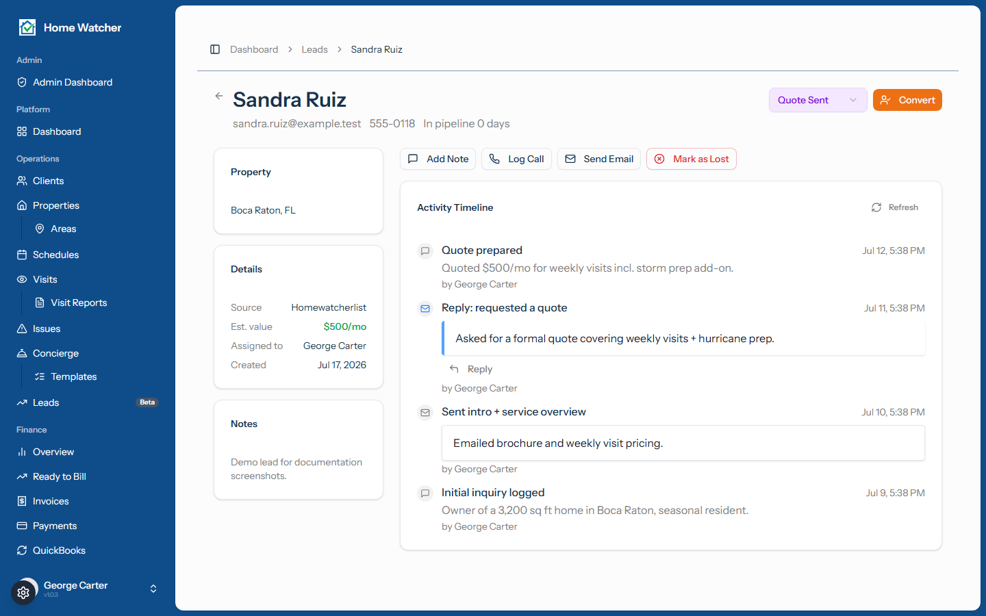 Lead detail page showing property details and the activity timeline