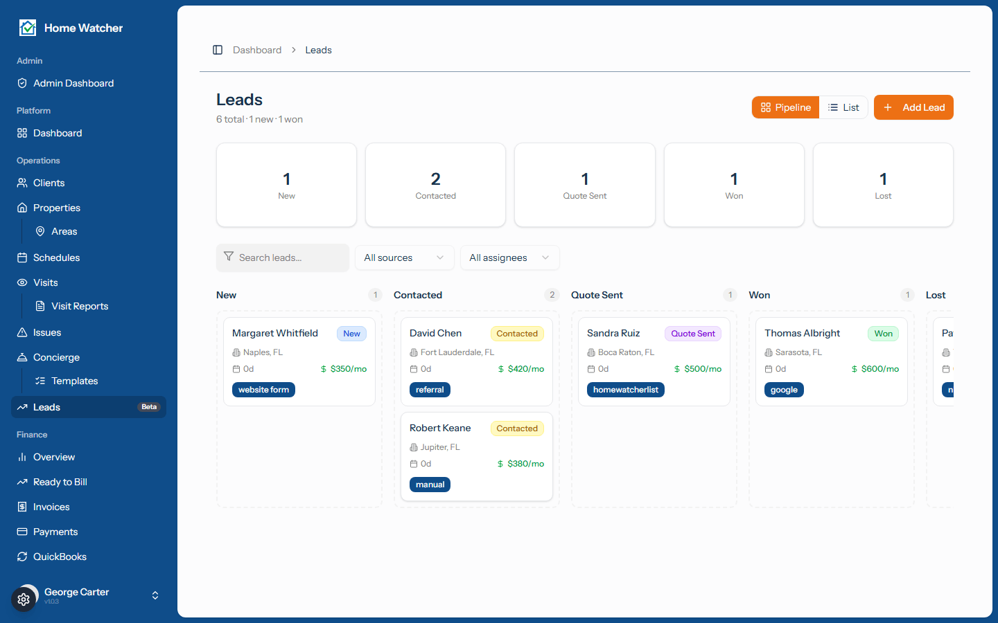 Leads pipeline shown as a five-column kanban board with stats cards and filters