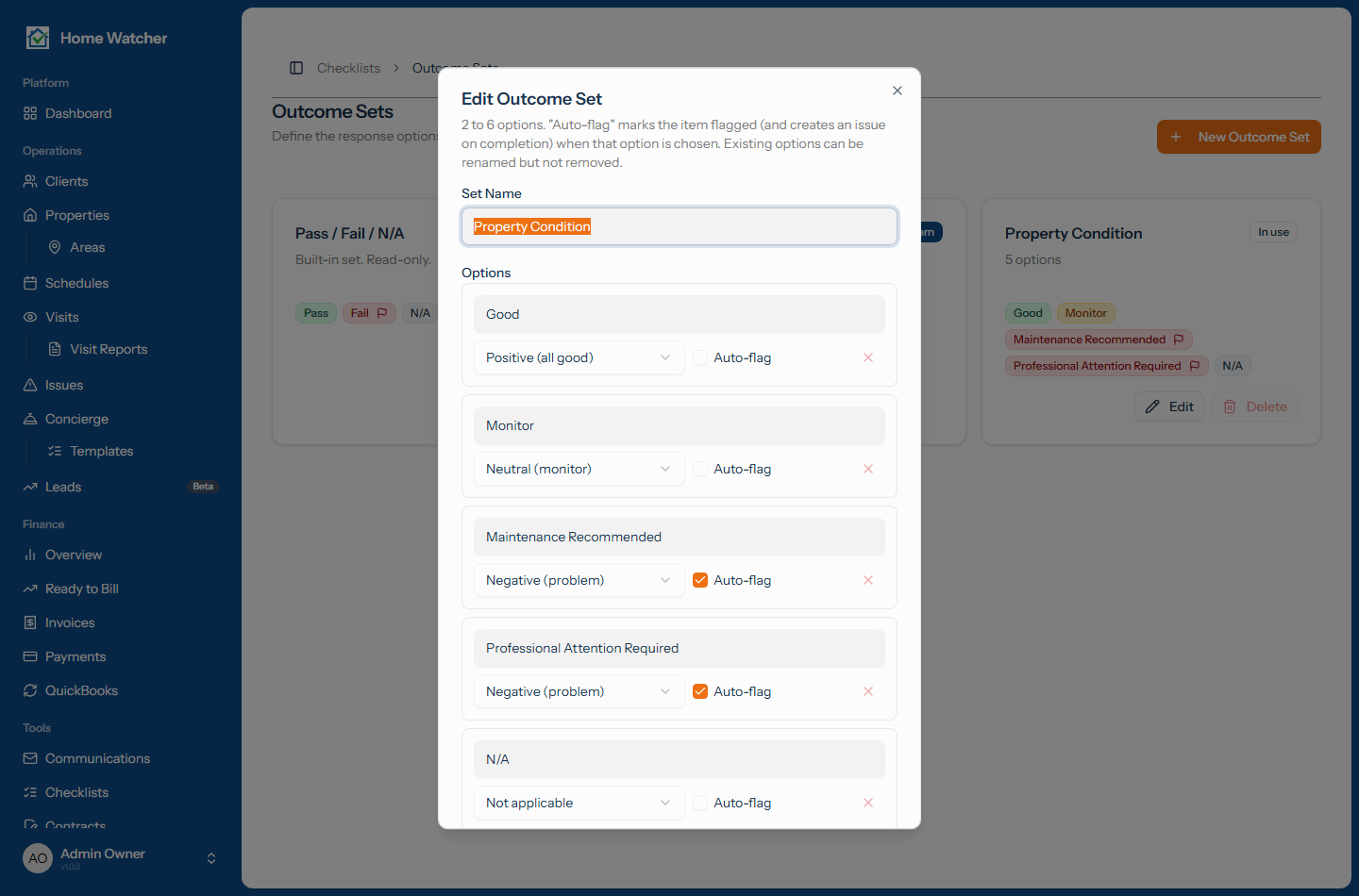 Editing an outcome set with five options, each with a label, a meaning dropdown, and an Auto-flag checkbox