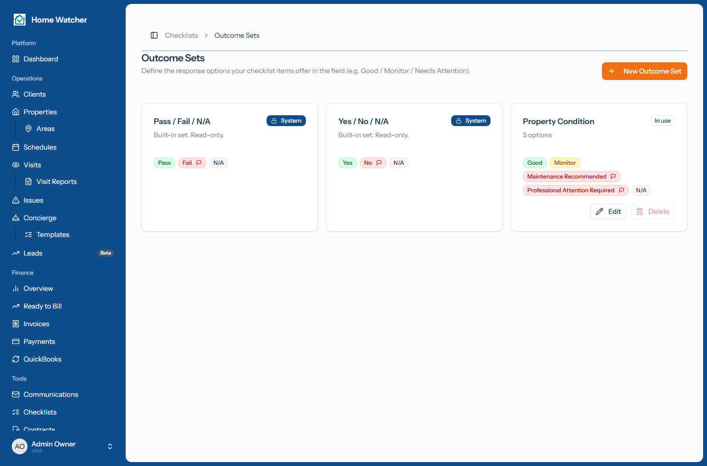 Outcome Sets page showing the built-in Pass/Fail/N/A and Yes/No/N/A sets alongside a custom Property Condition set