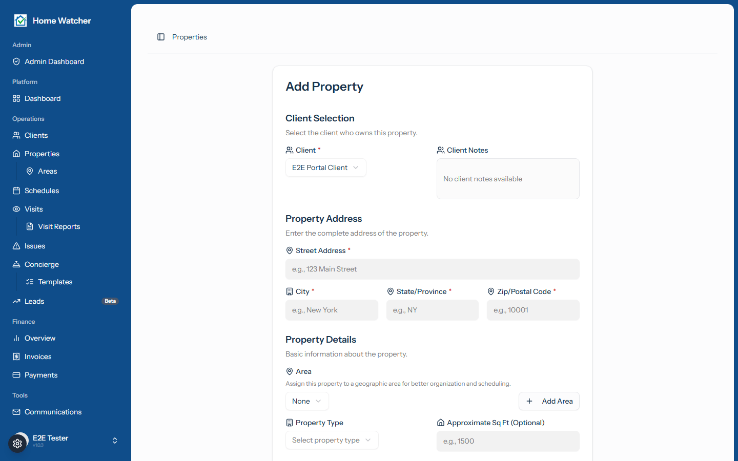 Add property form showing address, type, and the access notes field