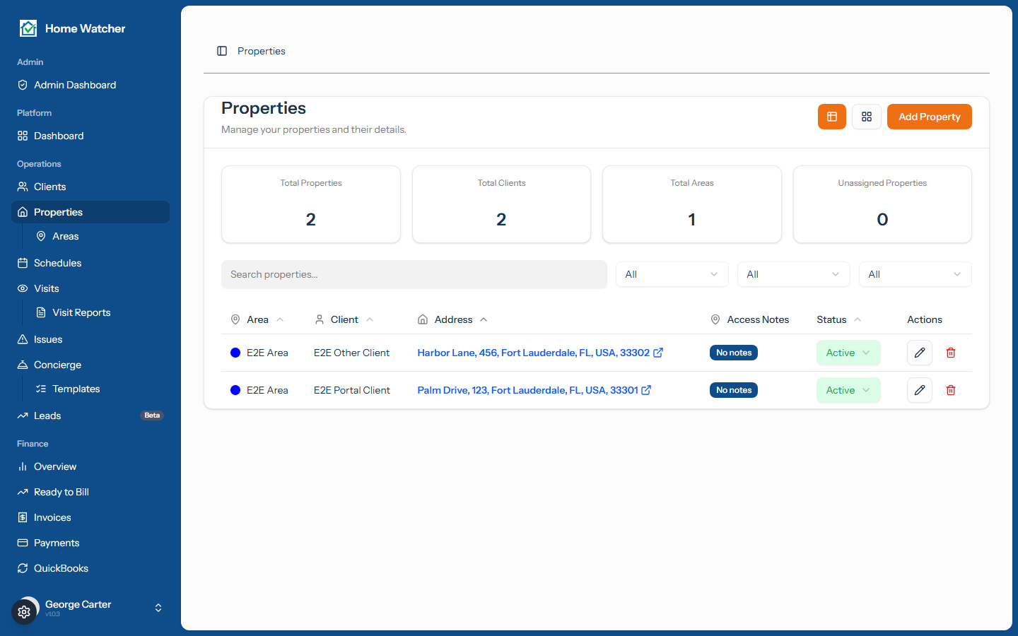 Properties list with per-row status controls, edit, and delete actions