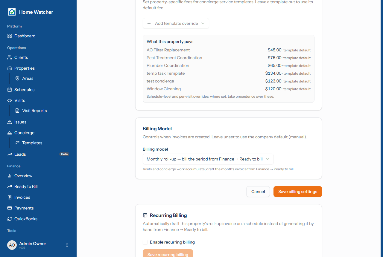 Billing Settings page with the Billing model dropdown set to Monthly roll-up