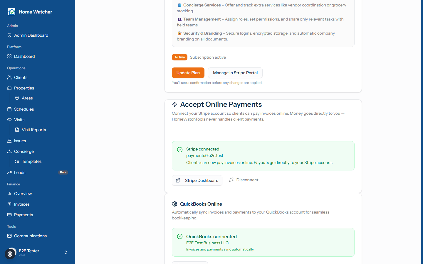 QuickBooks connected status card showing sync mode and connection details
