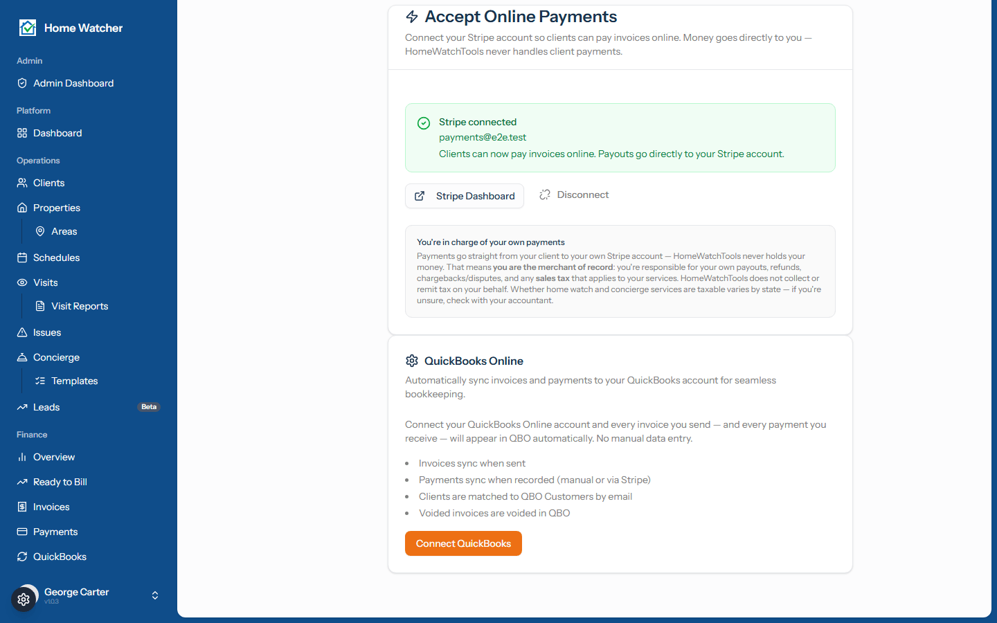 The QuickBooks card before connecting, with the Connect button