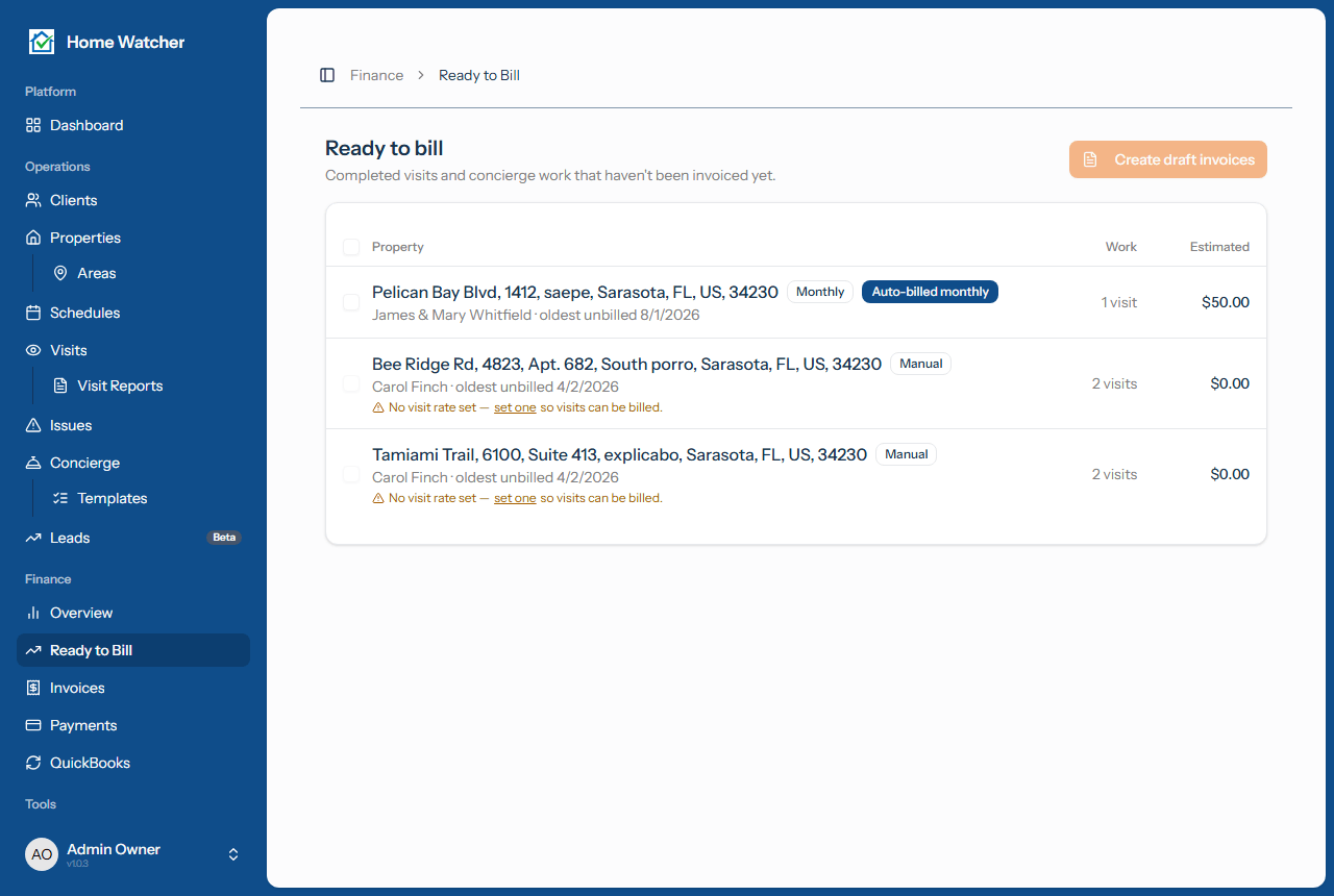 Ready to Bill page with a property showing an "Auto-billed monthly" badge next to its billing-model badge