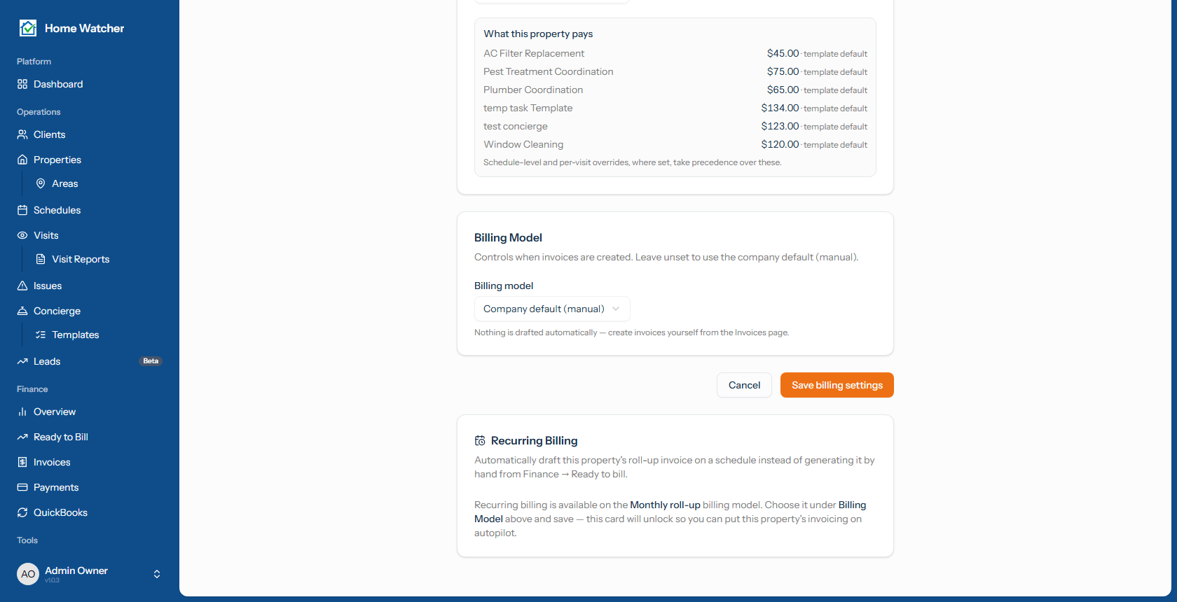 Recurring Billing card in its locked state, explaining that the Monthly roll-up billing model must be selected first