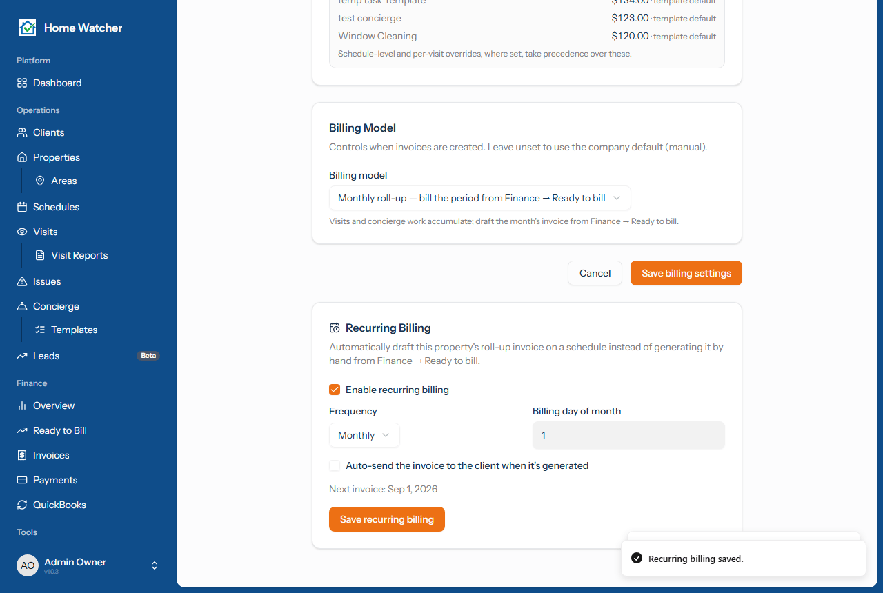 Recurring Billing card filled in with Monthly frequency, billing day 1, and a "Recurring billing saved" confirmation
