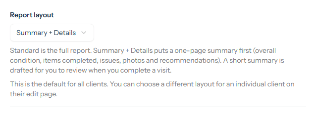 Choosing the report layout in Settings > Communications