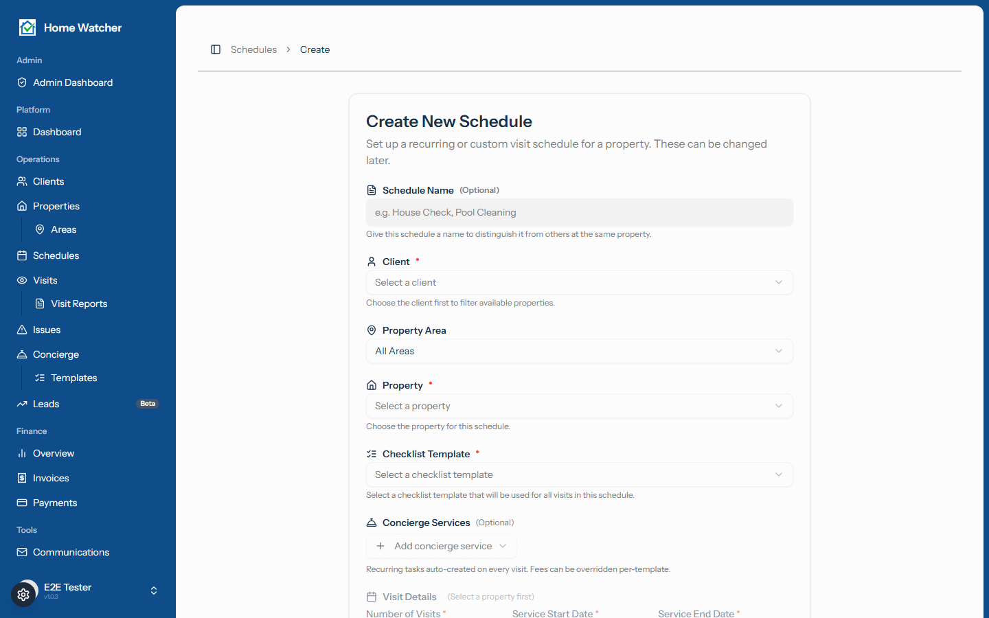 Create schedule form with property, checklist template, date range, and visit count