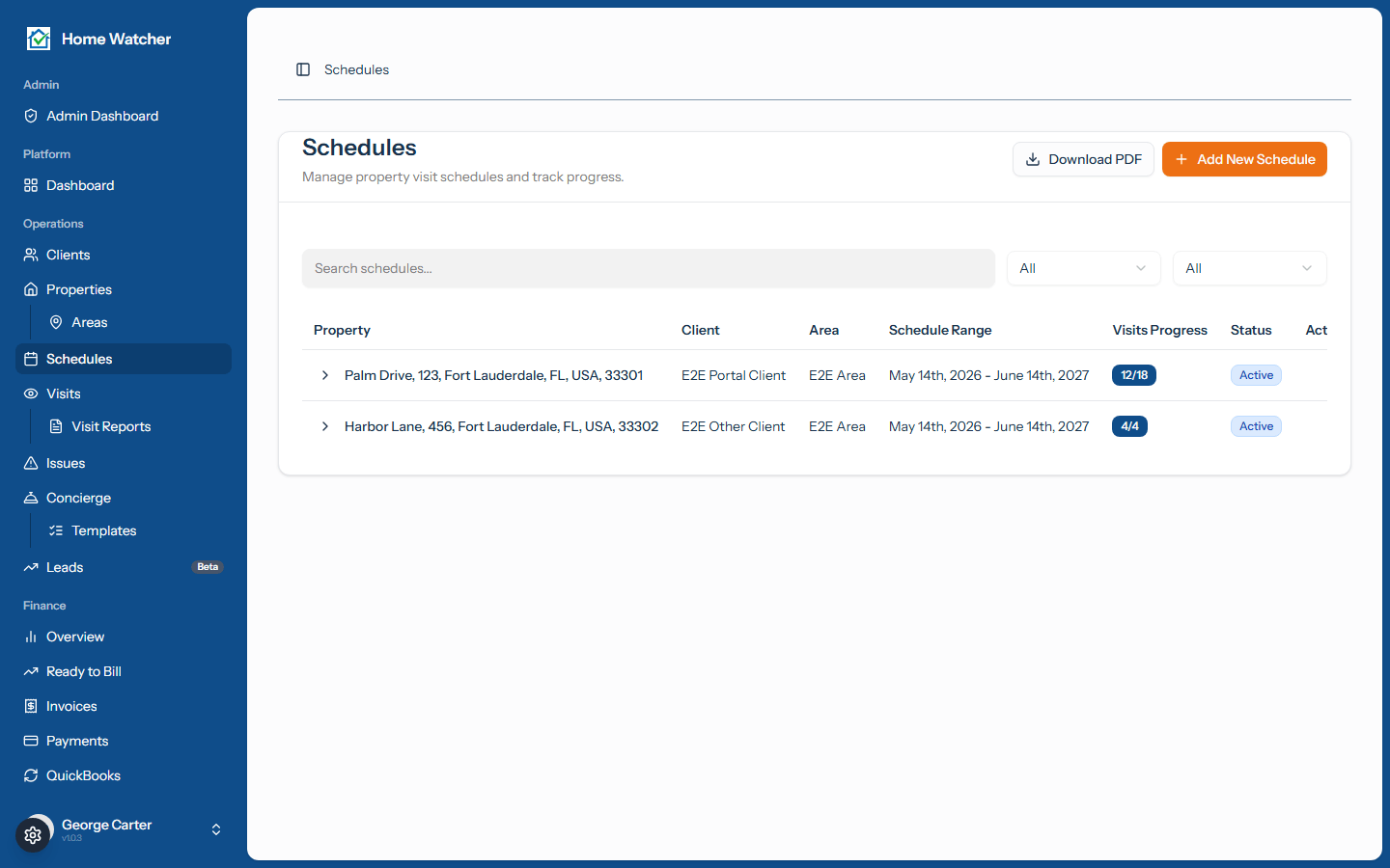 Schedules list showing visit progress, status badges, and client and area filters
