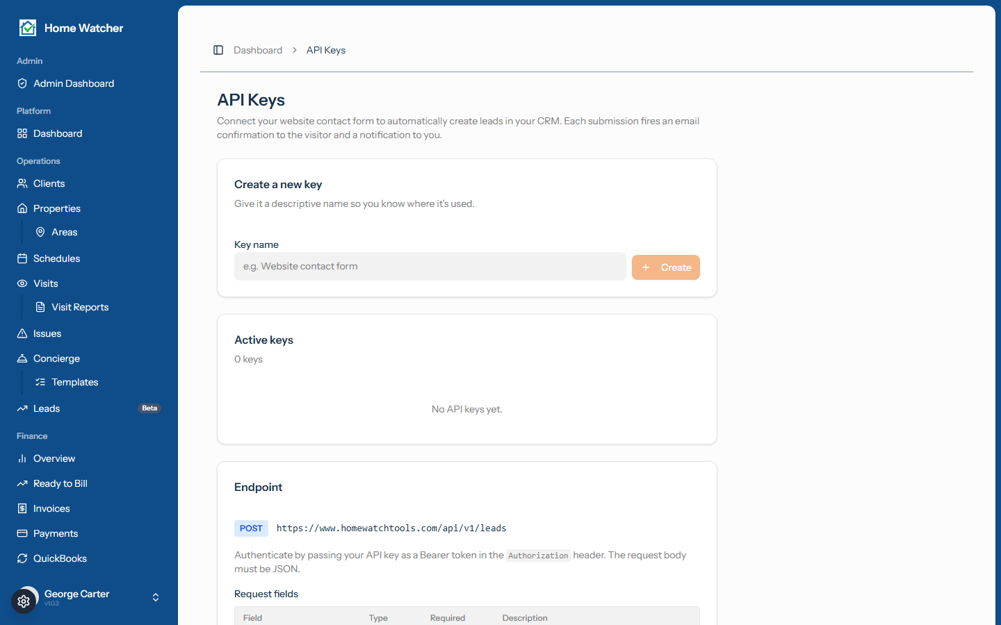 API keys settings page showing key creation and the list of existing keys to revoke