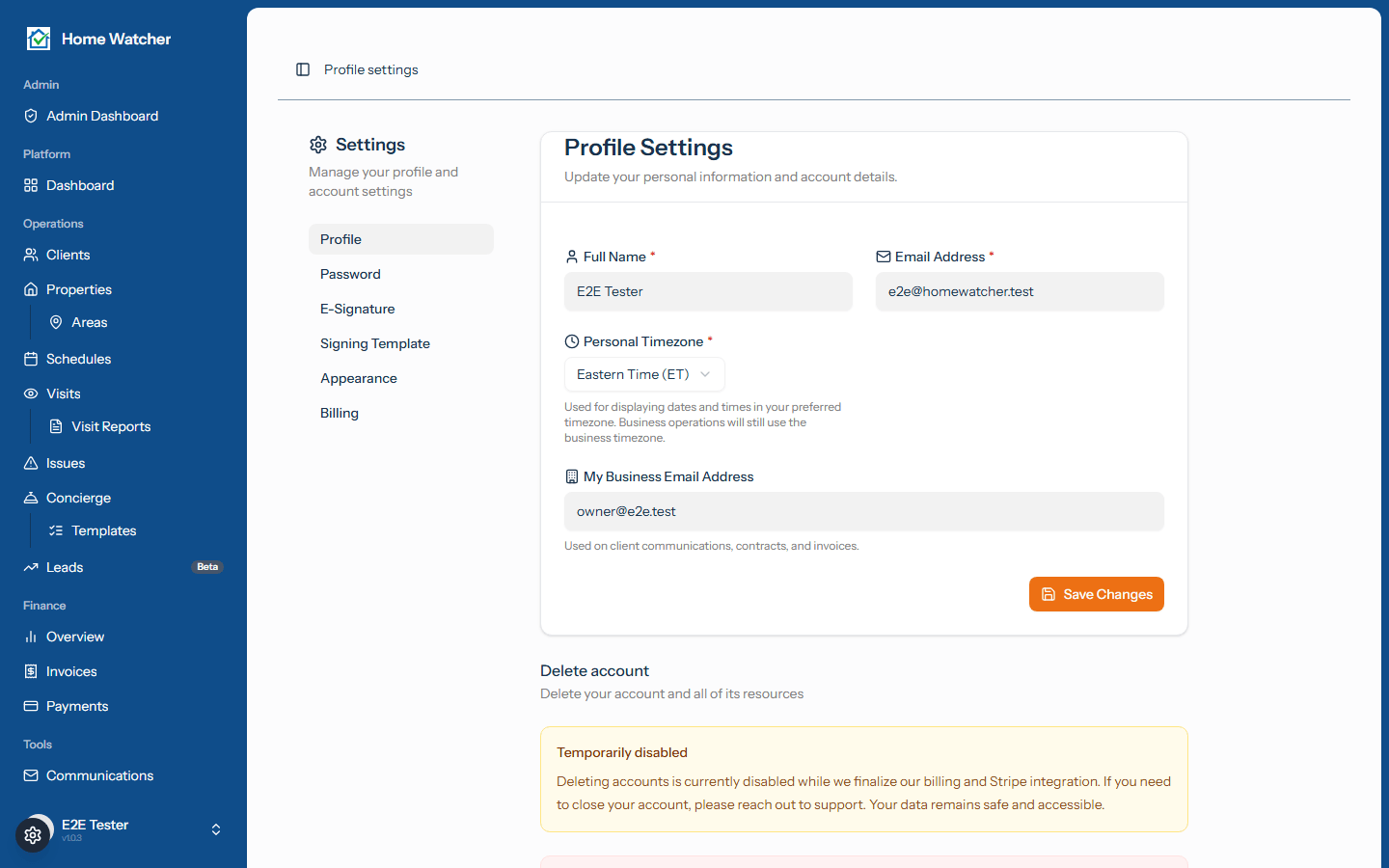 Business profile settings page with fields for name, logo, timezone, and payment terms