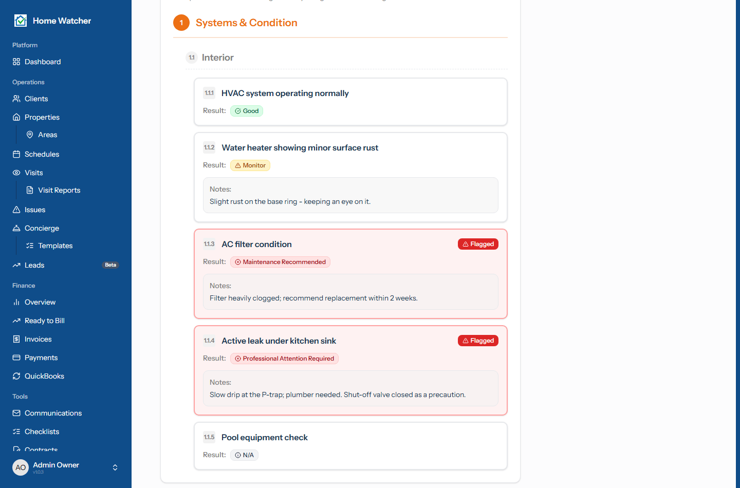 Completed visit report showing color-coded results: Good in green, Monitor in amber, and two flagged Maintenance Recommended / Professional Attention Required items in red