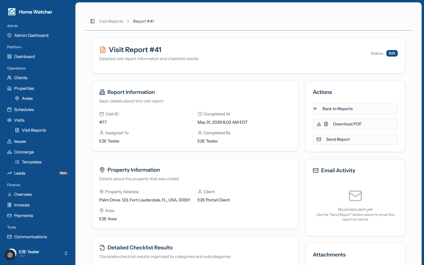 Visit report detail with Send Report button and email activity tracking