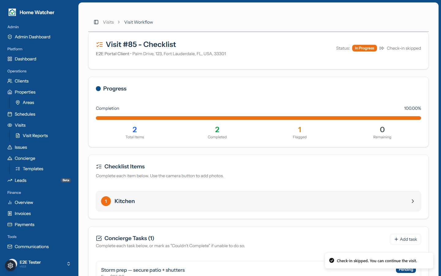 The visit checklist in the field with progress tracker and item responses