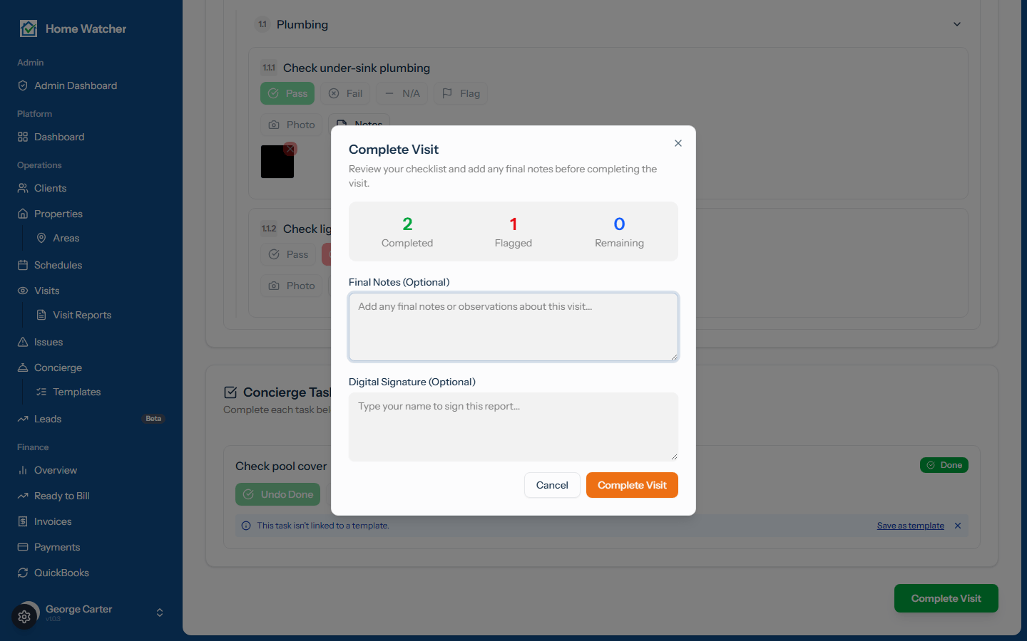 The complete-visit dialog