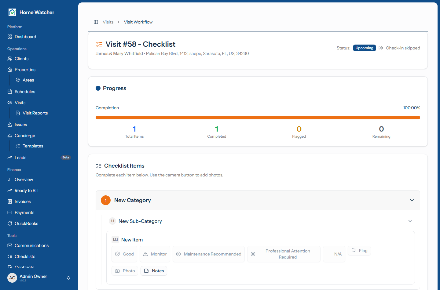Visit checklist workflow showing an item with Good, Monitor, Maintenance Recommended, Professional Attention Required, and N/A options, plus Flag, Photo, and Notes buttons